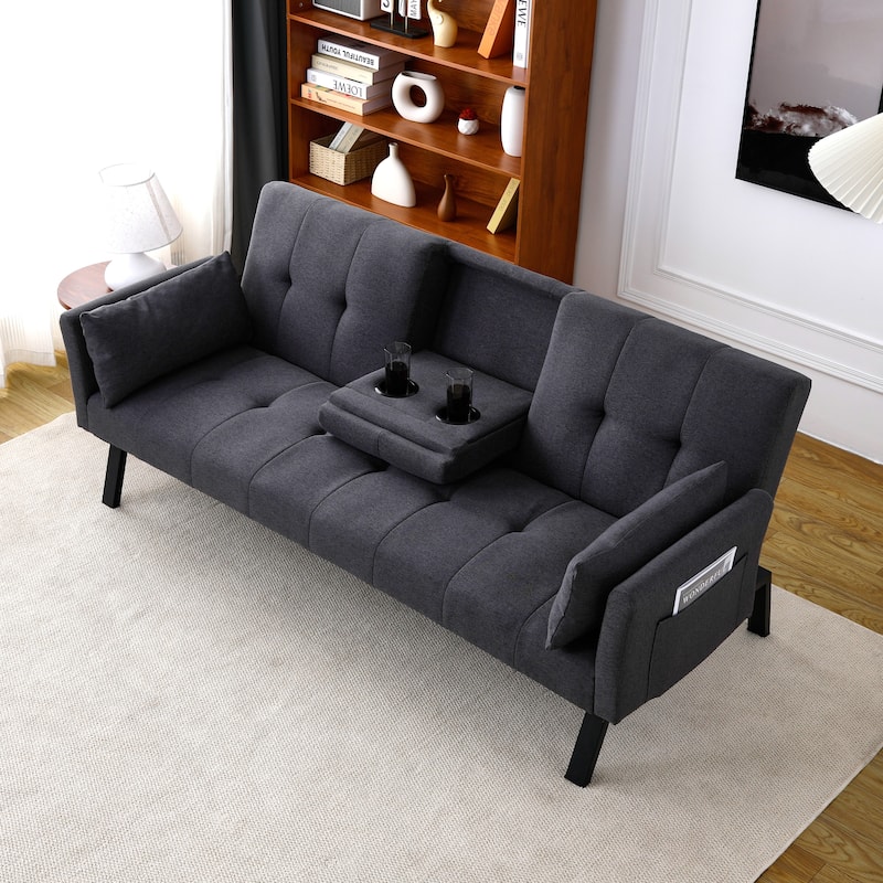 Cotton Linen Fabric Loveseat Sofa Sleeper Sofa Bed for Small Space with Center Table, Cup Holders, Pillows and Side Pockets