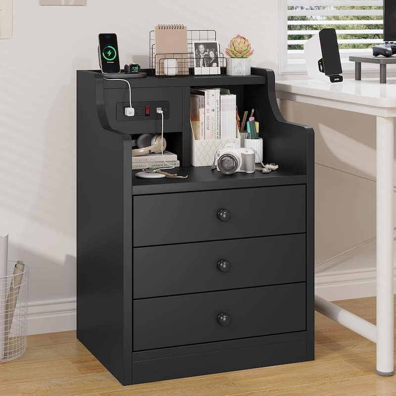 Small Nightstand 3 Drawers Charging Station End Side Table