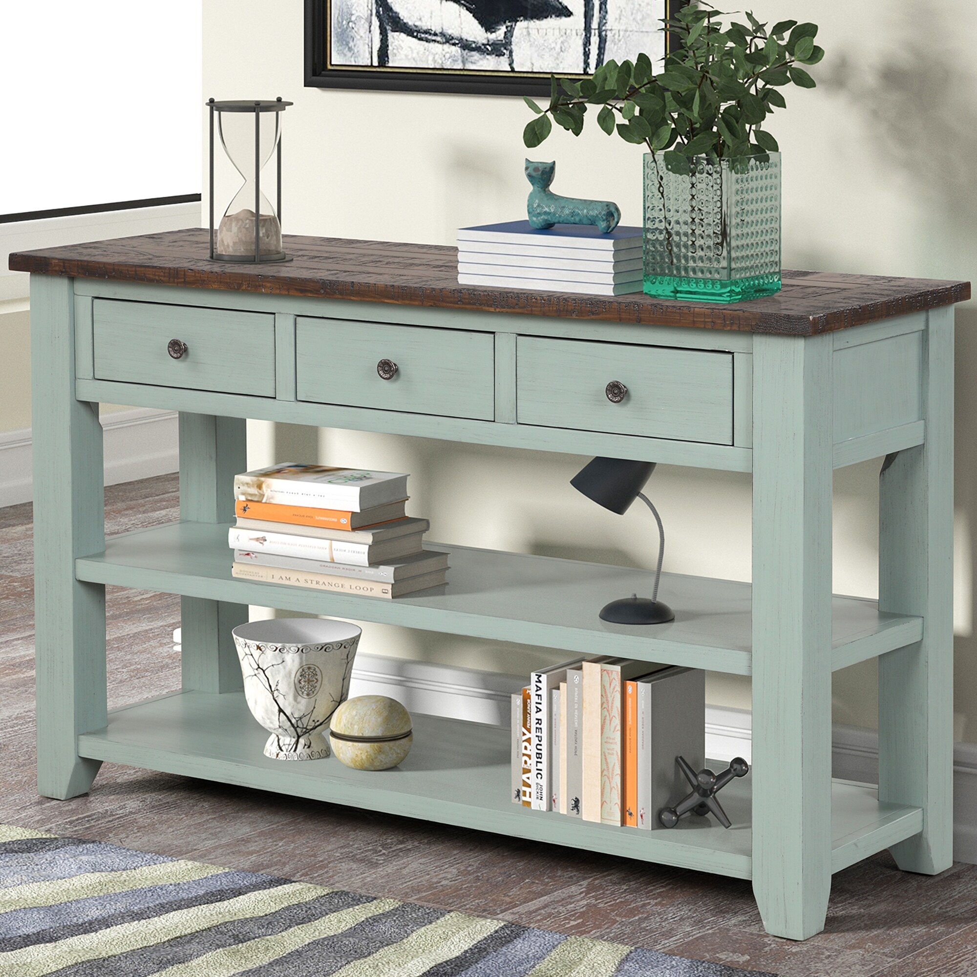 Vintage Pine Console Table with 3 Drawers and 2 Shelves