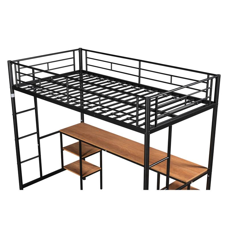 Twin Size Metal Loft Bed with Table, Shelves, Heavy-duty Sturdy Metal, Built-in Table, Safety Guardrail