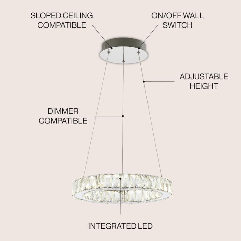 Alexia 15.7" Adjustable Integrated LED Metal/Crystal Pendant Pendant, Chrome/Clear by JONATHAN Y