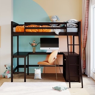 Full Size Wooden Loft Bed with Desk and Storage Shelves
