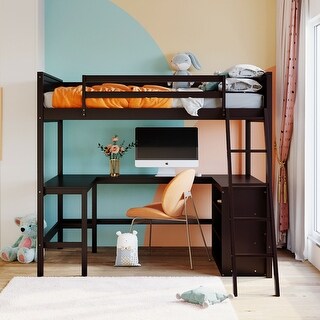 Full Size Wooden Loft Bed with Storage, Desk & Guardrail