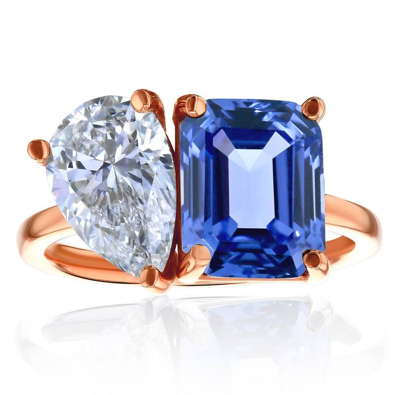 Kobelli Blue Sapphire & White Diamond Certified 14k Solid Gold 2 Stone Toi et Moi Dutchess Ring (EF/VS) - Rose - 6