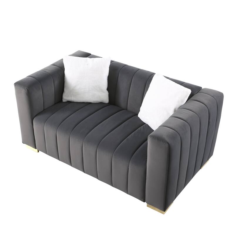 Grey Velvet Loveseater Channel Sofa with Plush Foam Cushions