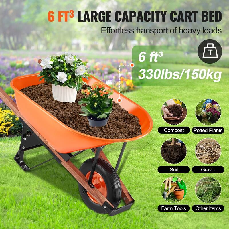 Orange Iron PU Heavy-Duty Wheelbarrow 330lbs Cart w/ Foam Tire - 54.72 x 25.59 x 27.56 in