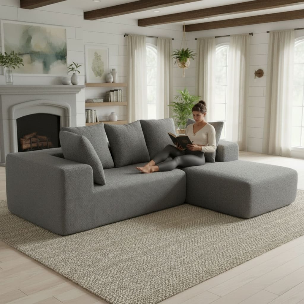 L-Shaped Modular Sectional Sofa, Full Foam Compressed Deep Seat Sofa, Upholstered Corner Sofa with 5 Throw Pillows