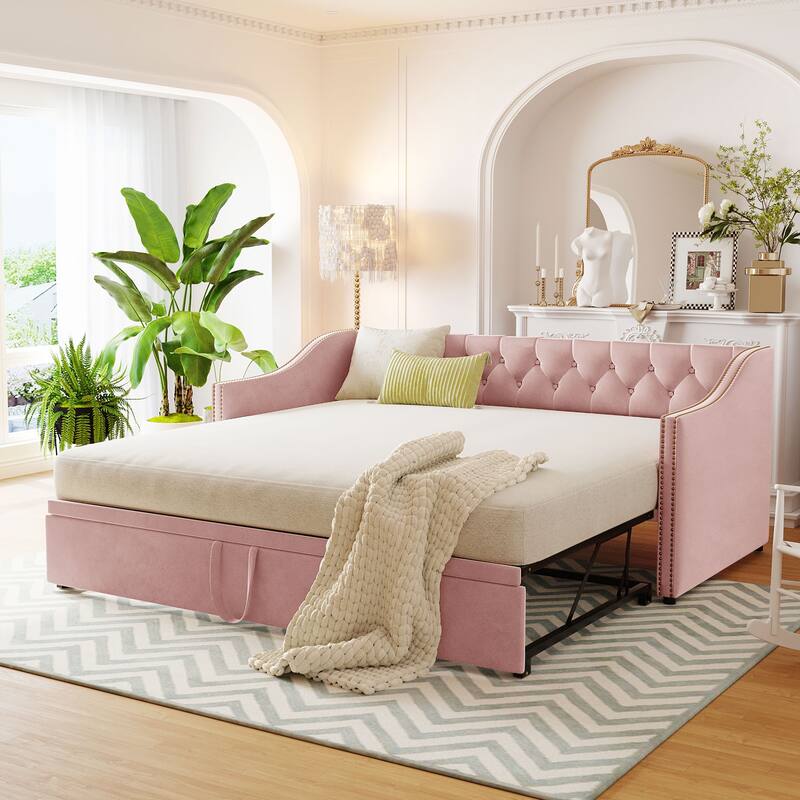 Twin Size Daybed,Velvet Upholstered Daybed Frame with Pop Up Trundle