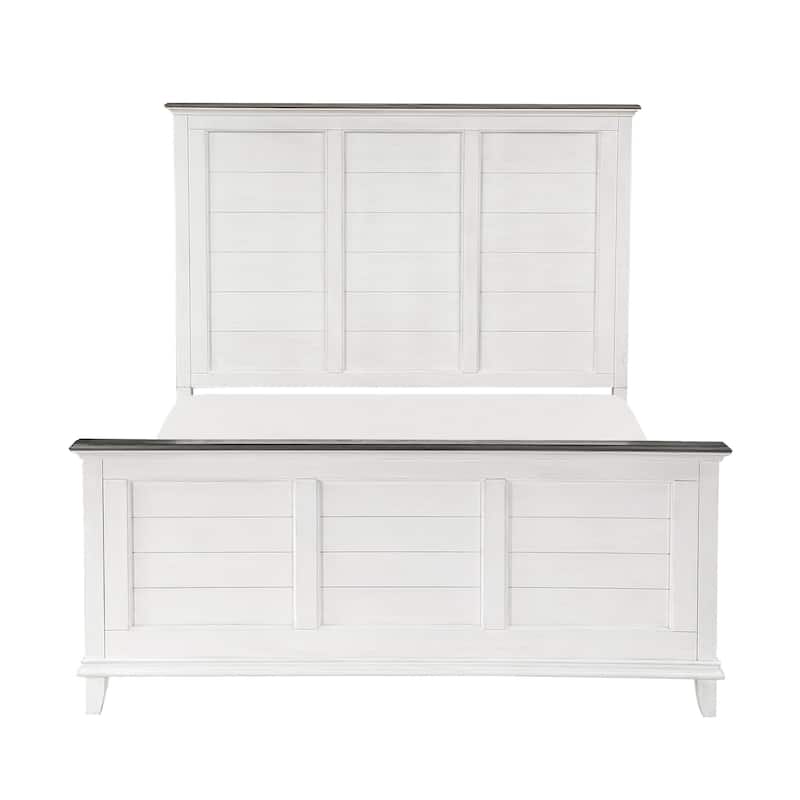 Woki Queen Size Bed, Solid Wood Panel Design, Farmhouse White and Brown