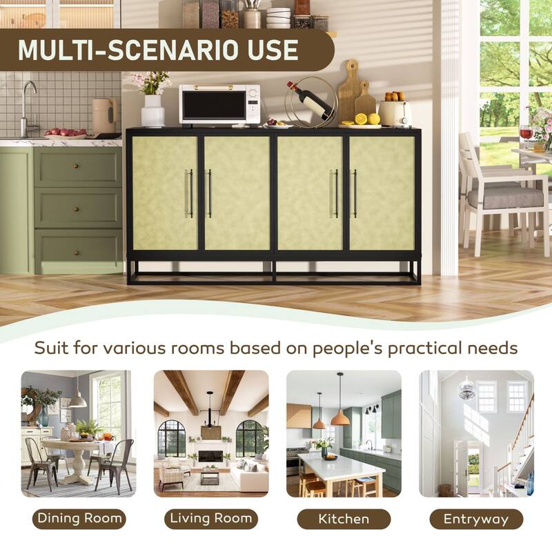 VEIKOUS 4-Door Buffet Sideboard Cabinet with Adjustable Shelves & Anti-Tipping Design - 61.5"×15.4"×33"