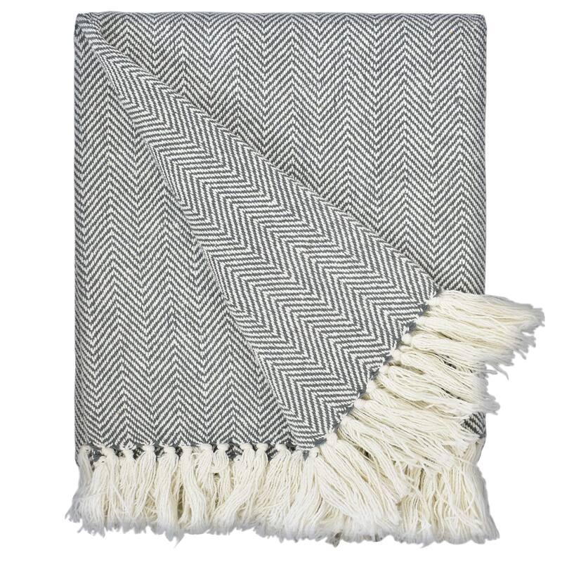 Fabstyles Herringbone Stripe Cotton Throw Blanket With Fringes - 50x60 - Grey