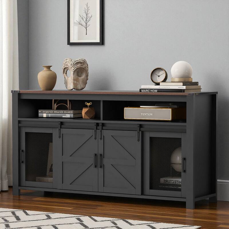 59.3" Farmhouse Sideboard with Sliding Barn Doors & Mesh Panels, Buffet Cabinet with Open Storage for Kitchen or Living Room