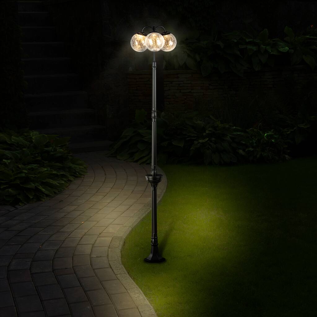 Alpine Corporation 75" Tall Outdoor Solar Powered Light Post with 3 Glass Spheres and LED Lights