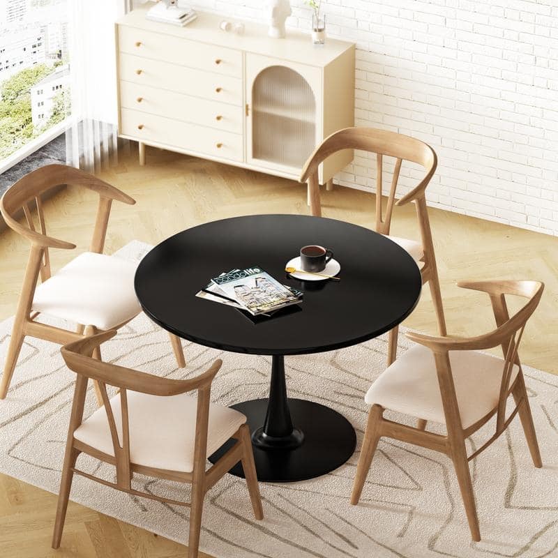Grondin Mid-Century Modern Round Kitchen or Dining Table with Premium MDF Top and Steel Pedestal Base for Dining Room