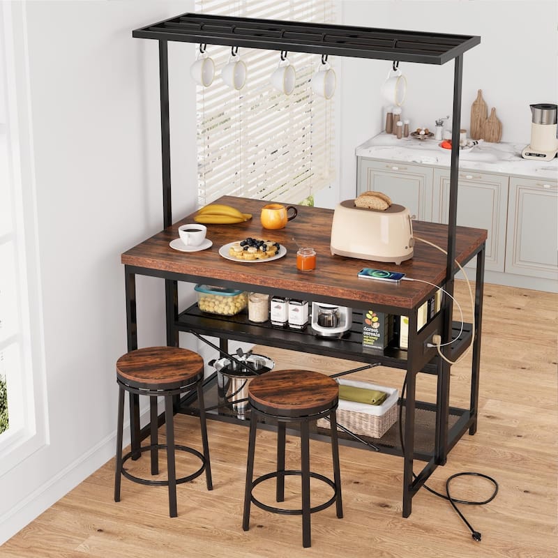 42"/48" Kitchen Island with Storage & Seating - 3-Tier Bakers Rack, Microwave Stand, Dining Table for 4 - 48Inch
