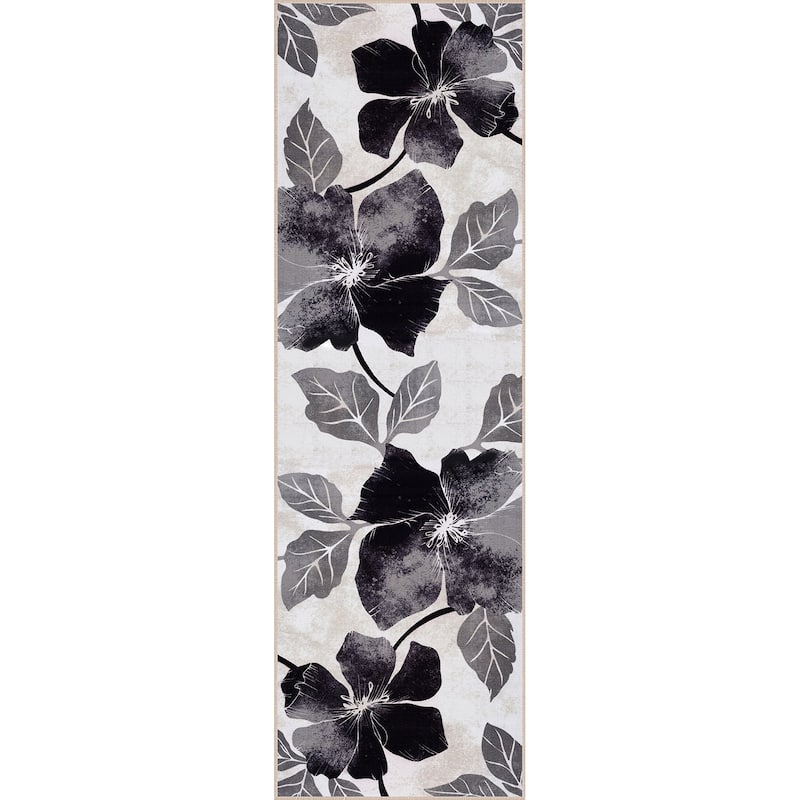 Bahamas Black White Floral Non-Slip Rubber Back Indoor Area Rug - 2 X 7 - Black White