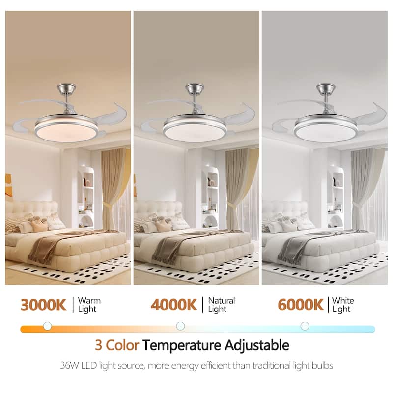 42 Inch 2 Tiers Design Modern LED Ceiling Fan with Light and Remote Control, Retractable Blades, Adjustable 6 Speed - Chrome