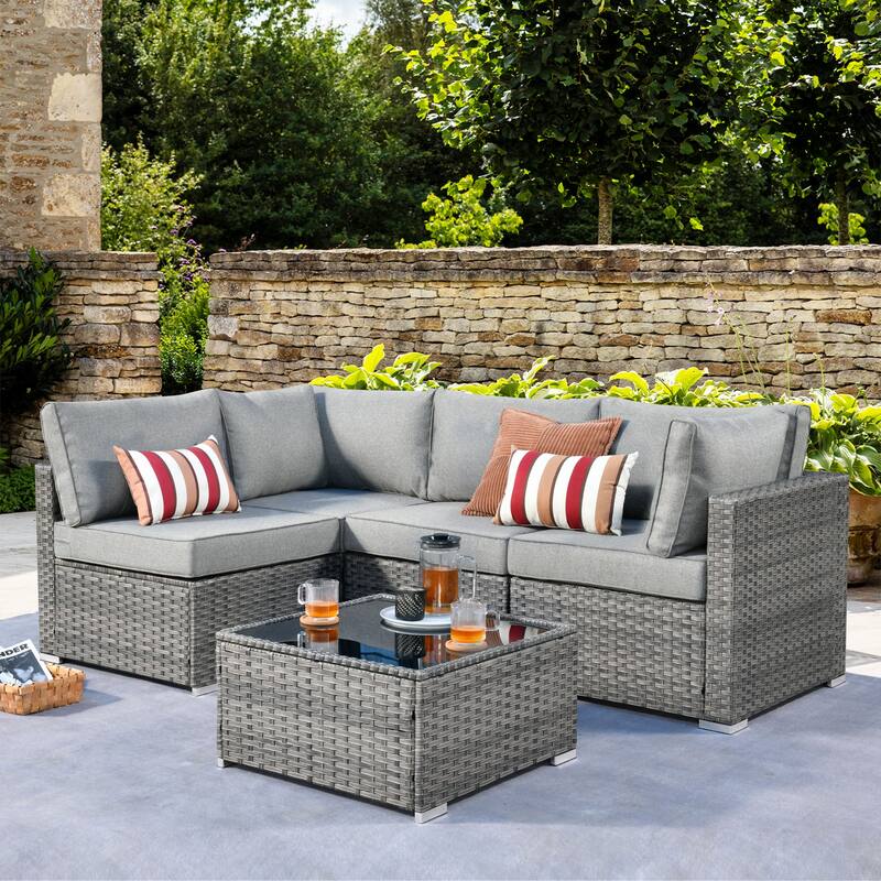 HOOOWOOO Patio 5-piece Wicker Sectional Sofa Set with Coffee Table - Dark Grey