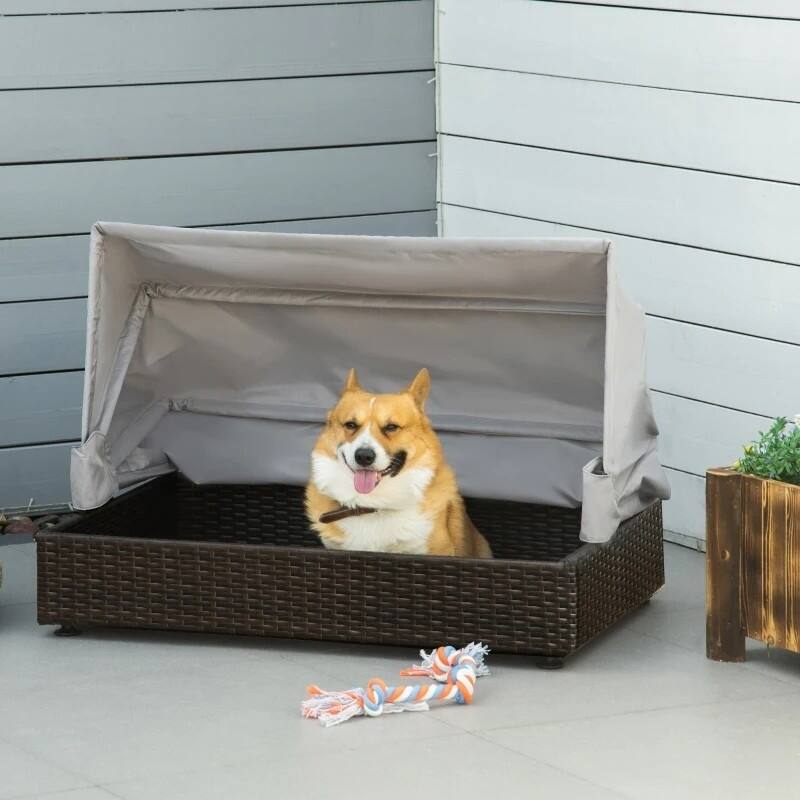 Espresso Wicker Foldable Canopy Raised Dog Bed House with 2 in Thick Cushion - 35.5 inches L x 23.5 inches W x 25.5inches H