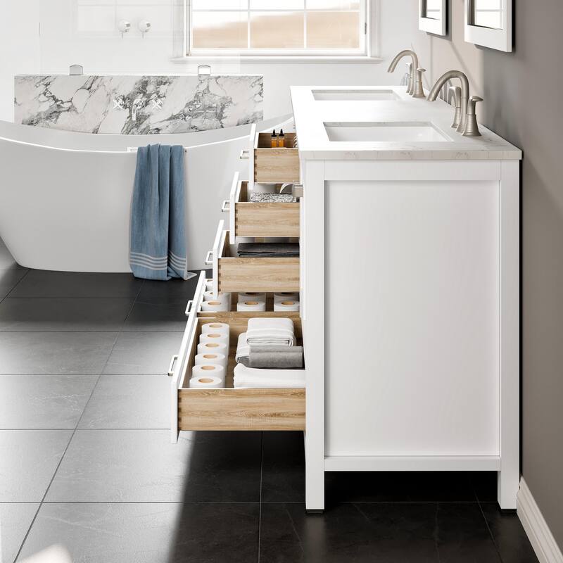 Eviva Aberdeen 84"W x 22"D White Double Sink Vanity with White Carrara Quartz Top and Rectangular Undermount Sinks