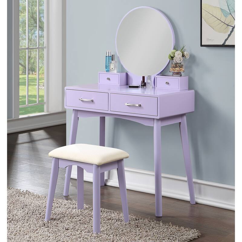 Liannon Contemporary Wood Vanity and Stool Set,Round Mirror - Purple