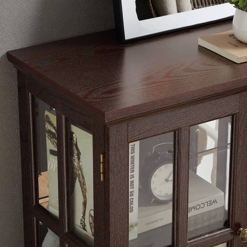 LED Lighted Curio Display Cabinet with Adjustable Shelves, Retro Glass Showcase and Lattice Doors