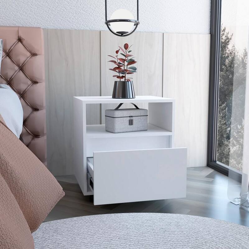 White Nightstand with Single Drawer and Casters, Space-Saving Design