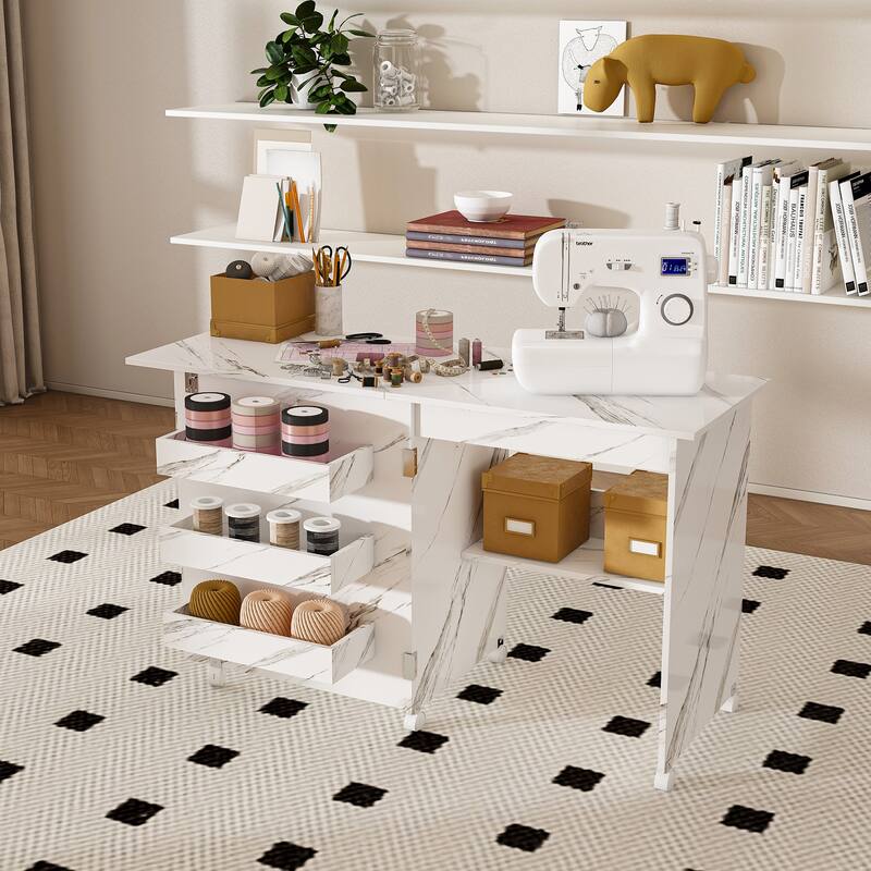 4-in-1 Folding Sewing & Craft Table with Storage, Rolling Workstation Display Cabinet End Table Dining Table