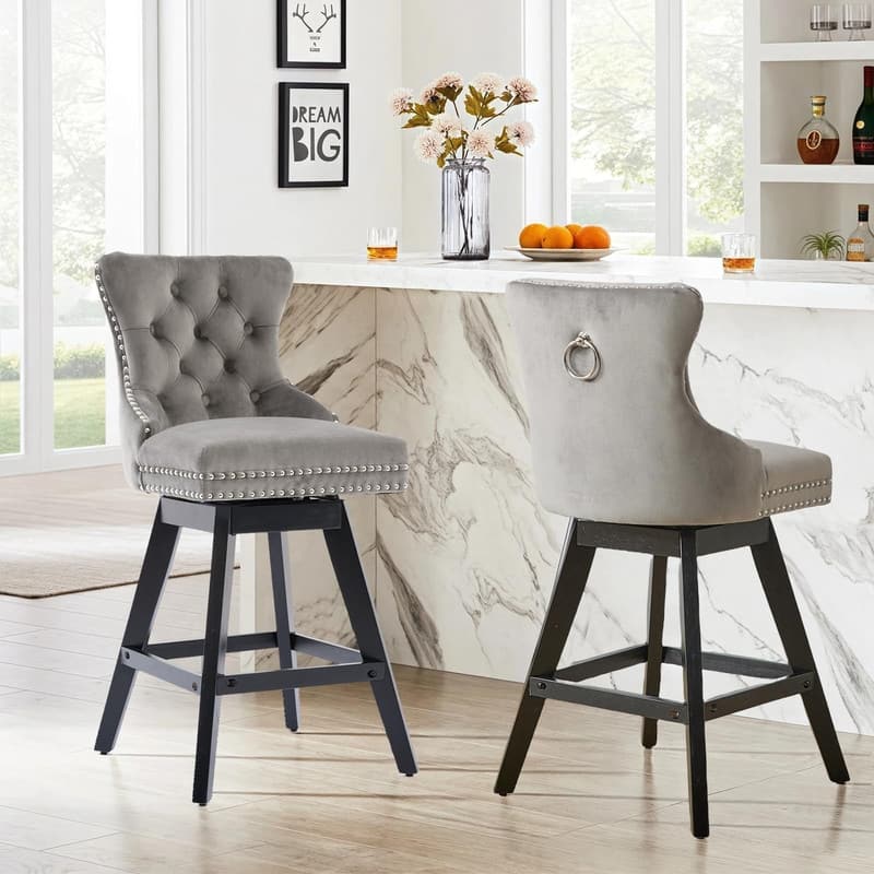 Tufted Swivel Velvet Rubberwood Nailhead Barstools (Set of 2) - Grey Velvet