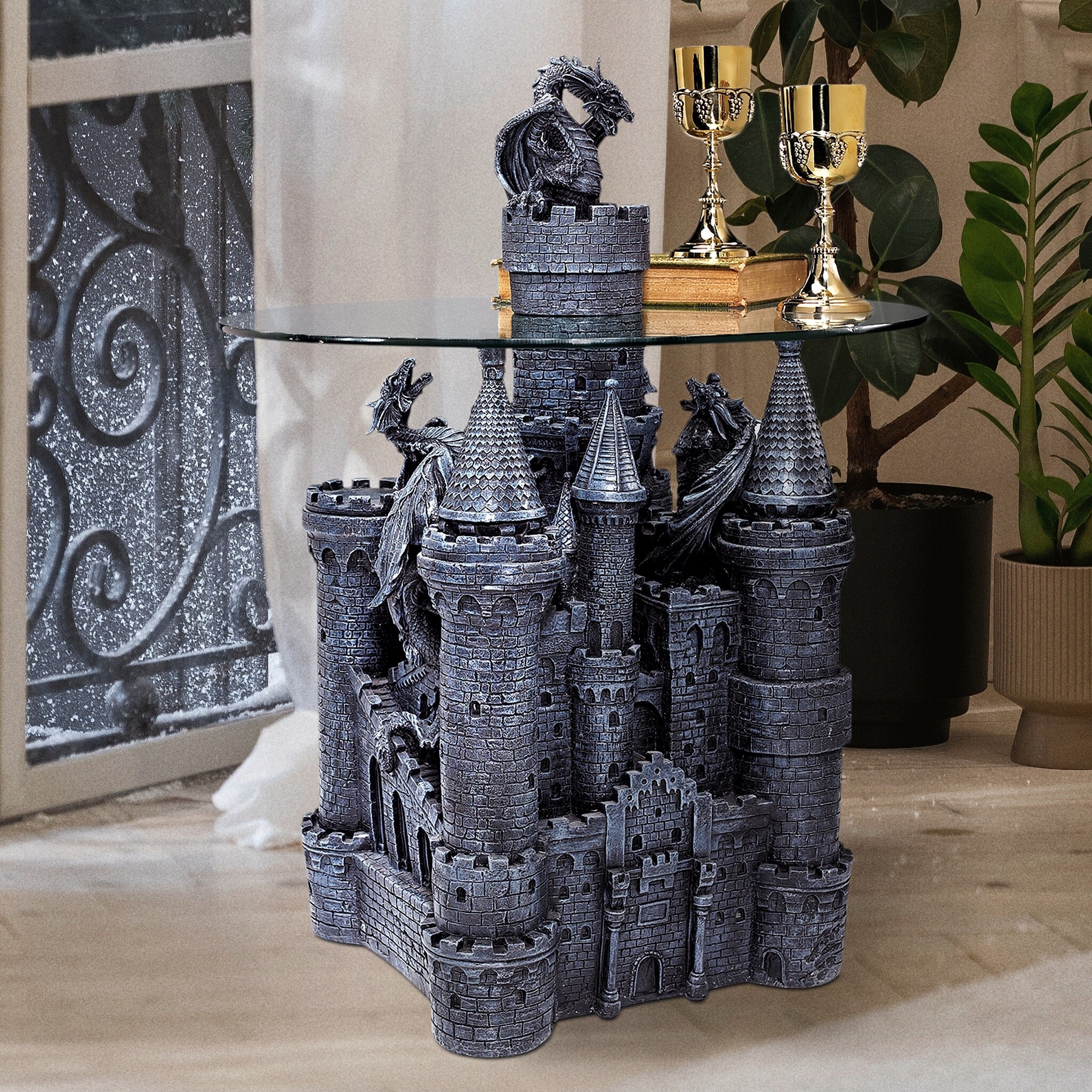 Design Toscano Lord Langton's Castle Glass-Topped Sculptural Table