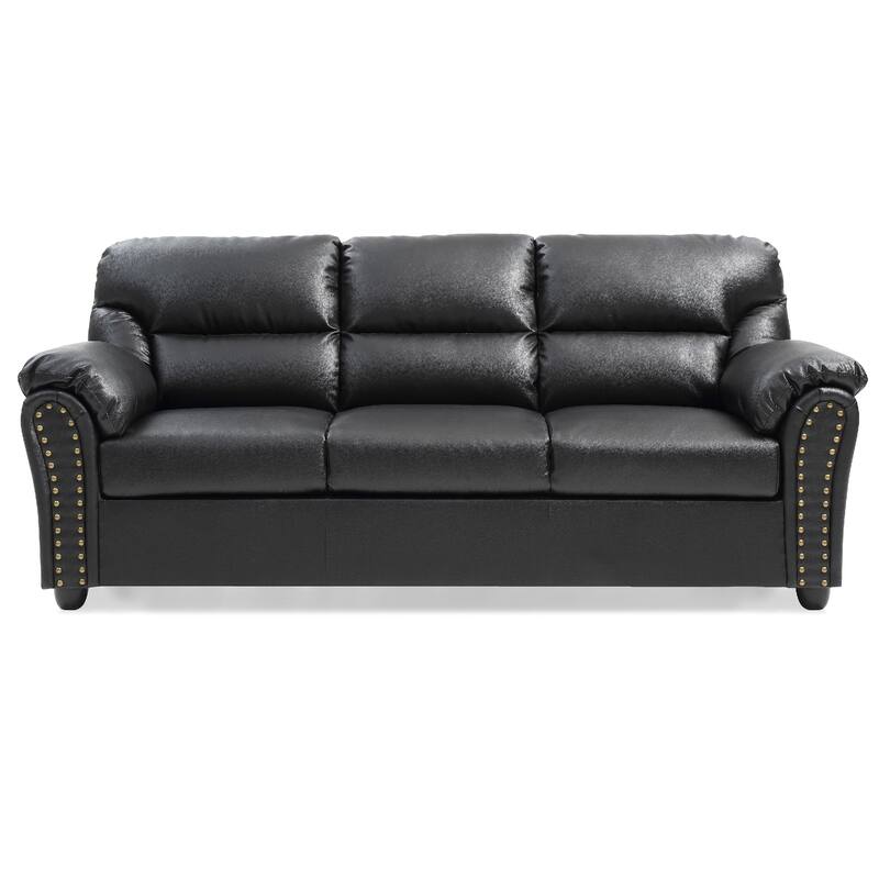Flared Arm Faux Leather Straight Sofa with Nailhead Trim - 82" - Black