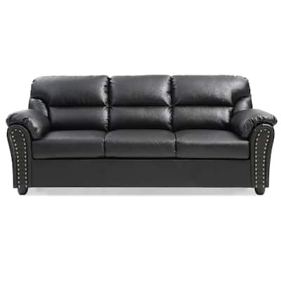 Flared Arm Faux Leather Straight Sofa with Nailhead Trim - 82" - Black