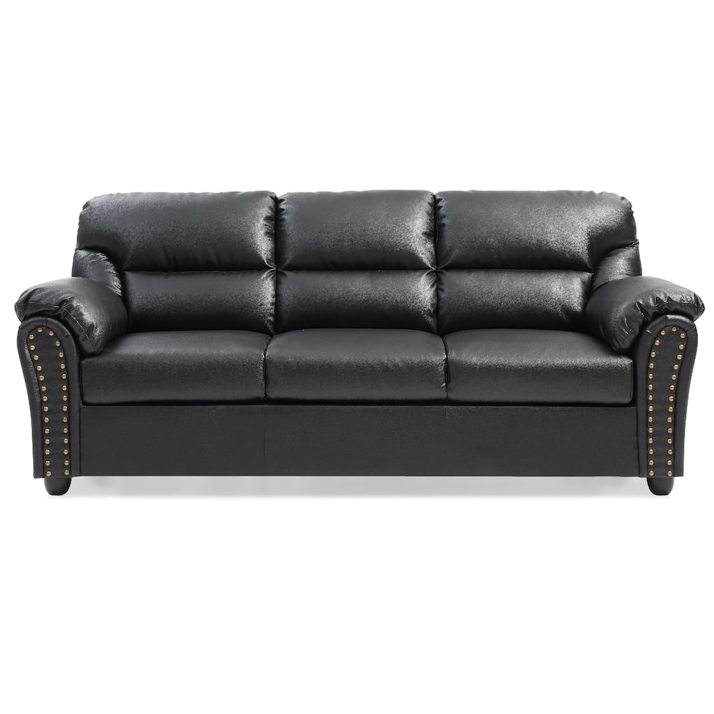 Flared Arm Faux Leather Straight Sofa with Nailhead Trim - 82" - Black