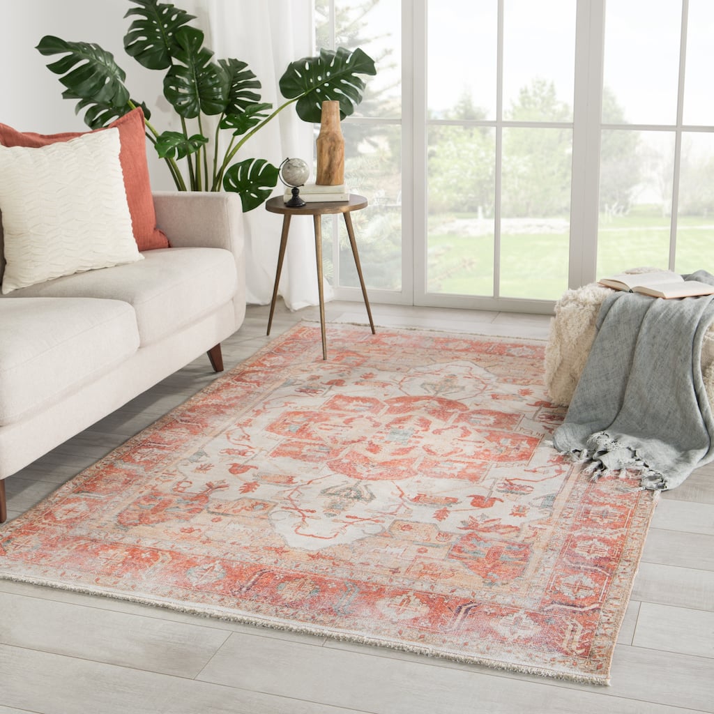 Porch & Den Quinn Printed Medallion Orange/ Ivory Area Rug