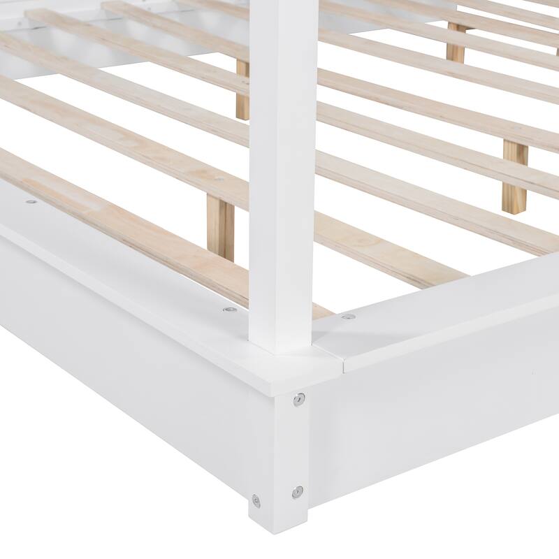 Wooden Canopy Bed Platform Bed Frame Mattress Foundation with LED Light Strips, Slat Support, No Box Spring Needed, White