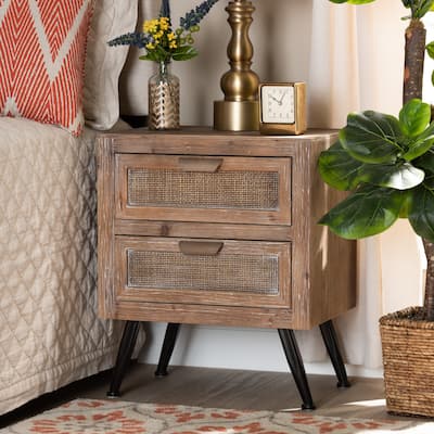Baxton Studio Calida Mid-Century Modern Whitewashed Natural Brown Finished Wood and Rattan 2-Drawer End Table