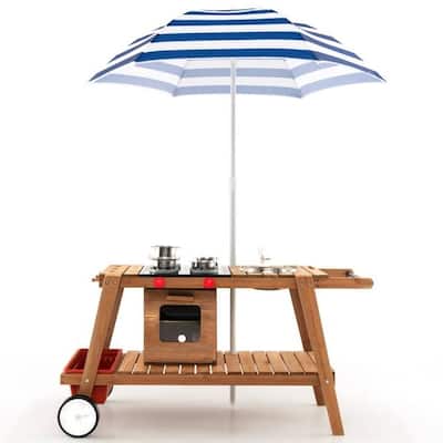 Brown-White-Navy Wooden Kids Play Cook Cart with Umbrella and Storage - 45" x 19" x 23"