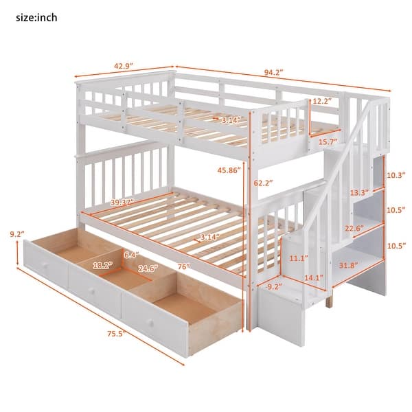 dimension image slide 2 of 3, Multi-Functional Twin Over Twin Bunk Bed with 3 Drawers, Storage Stairs, Armrest and Full-Length Guardrails for Kids