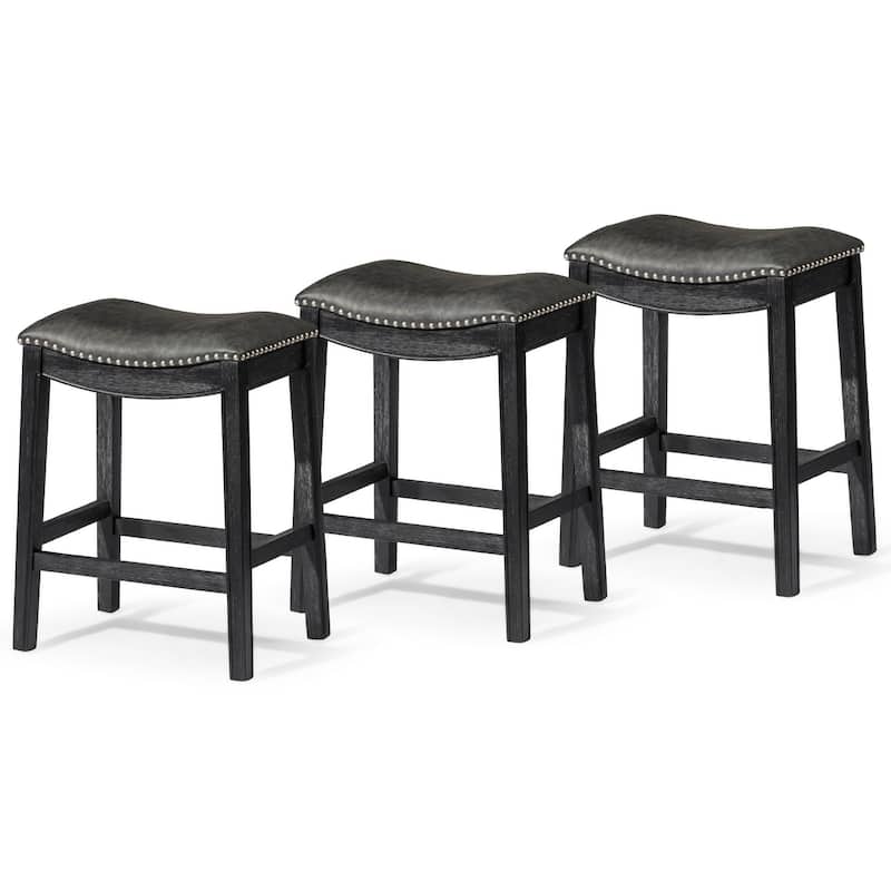 Maven Lane 26" Adrien Saddle Kitchen Counter Height Stool - Aged Black Vegan Leather - Set of 3