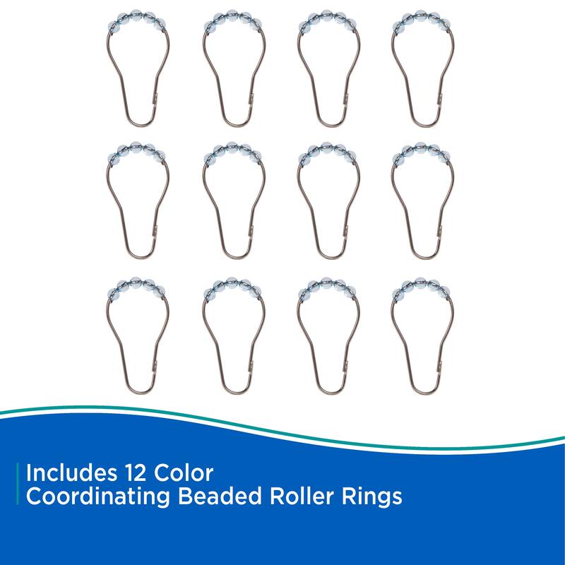 Kenney Medium Weight PEVA Shower Curtain Liner & Beaded Roller Ring Set, 70" W x 72" H