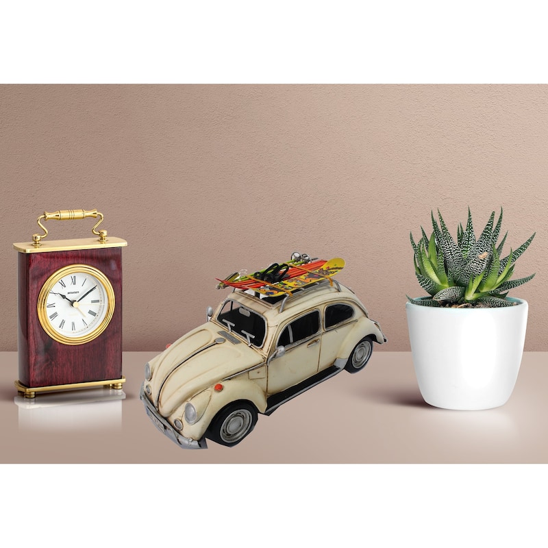1957 White Vw Beetle With Skiing Board Home Office Decoration Decor