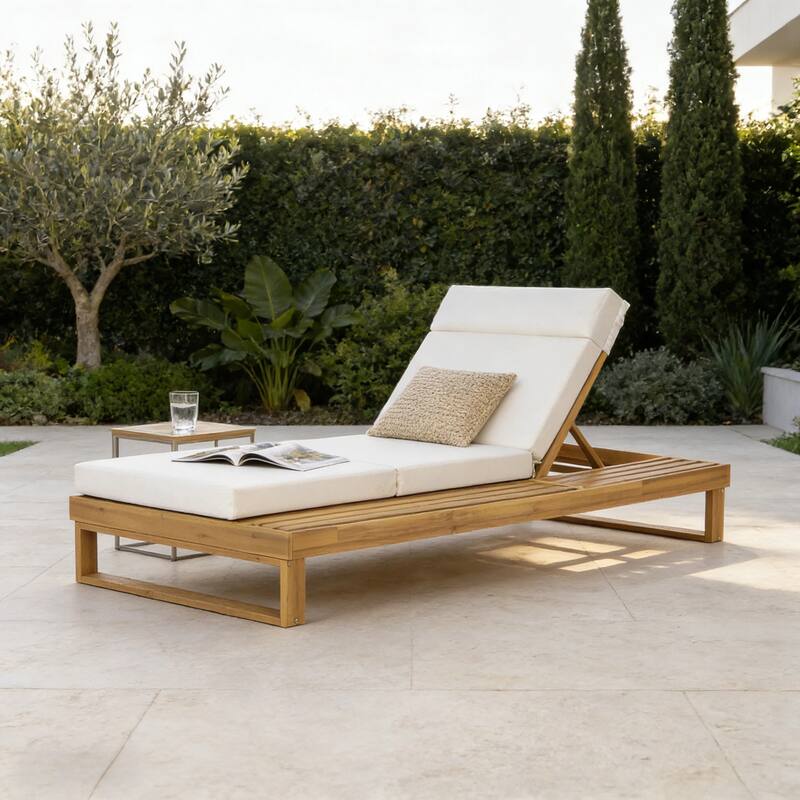 Christopher Knight Home - Modern Outdoor Acacia Wood Chaise Lounge with 4-Position Adjustable Backrest & 4-Fold Cushion