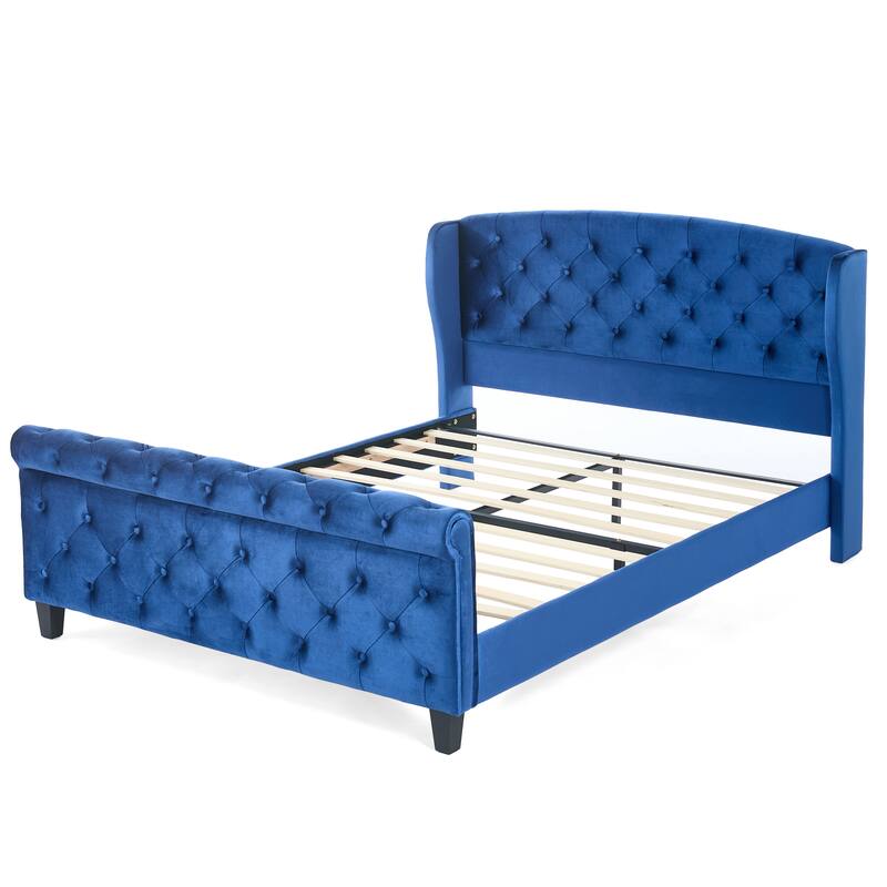 Christopher Knight Home - Amara Traditional Velvet Upholstered Sleigh Bed with Wingback Headboard & Scroll Footboard, Queen Size