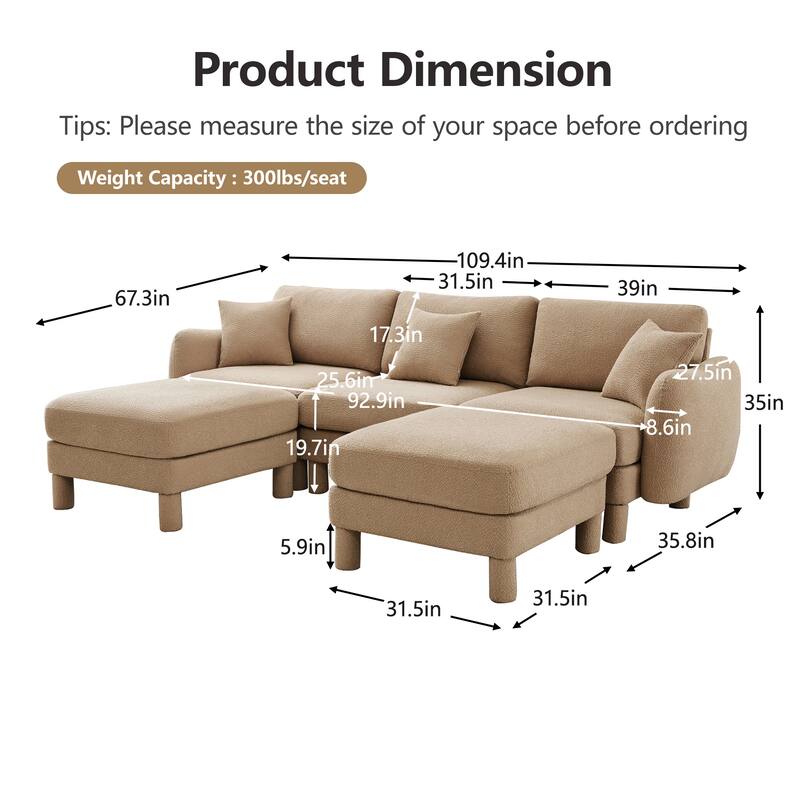 109.4" 3-Seater Modern Upholstered Sofa Couch, Deep-Seat Sectional Sofa with Shell-Shaped Armrests, Leisure Sofa for Living Room