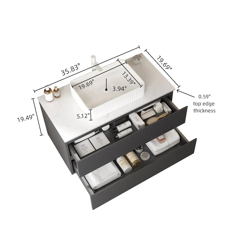 GDFStudio - Vedo Modern Floating Bathroom Vanity with Striped Drawer Fronts & White Ceramic Vessel Sink, WITHOUT Faucet