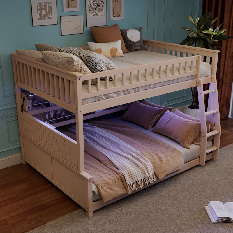 Kids Bunk Bed Frame with Integrated Shelving, Light Strip and Pegboard, Convertible into Floor Platform Bed and Low Loft Bed