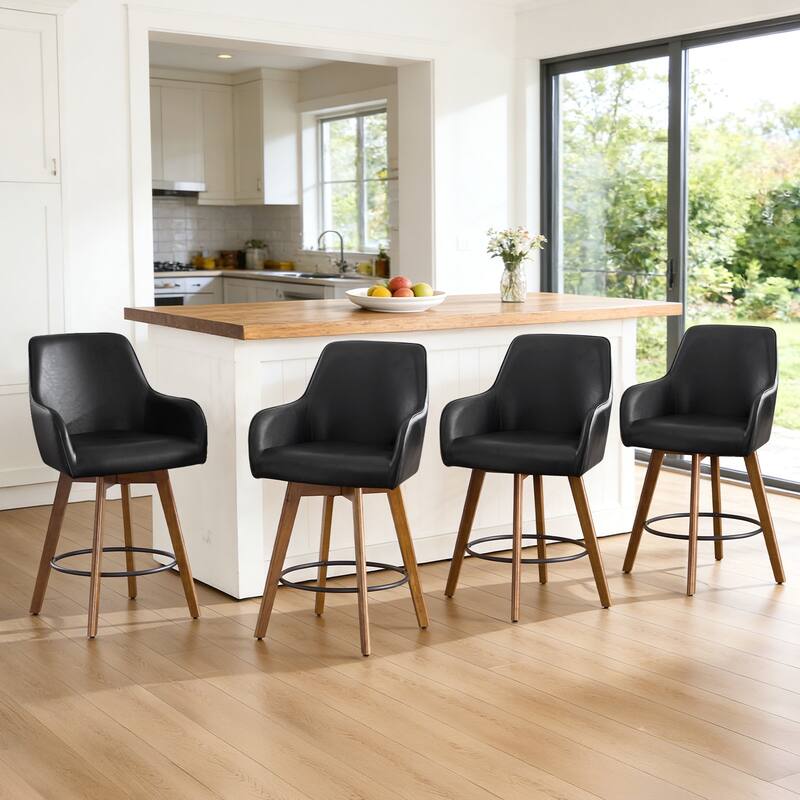 25 Inch Upholstered Swivel Counter Height Bar Stool with Armrests, Solid Wood Legs - 23.6"W x 22.4"D x 40.2"H