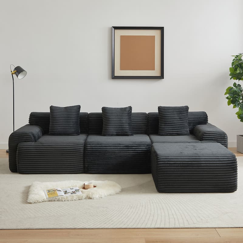 Inlaid Structural Sleeper Sectional Sofa Bed with Ottoman, Corduroy Modular Boneless Couch with Wider Armrests and Backrests - Black