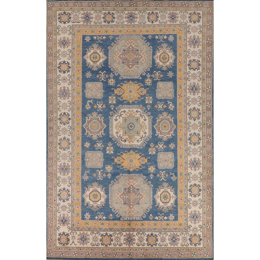 Blue Geometric Kazak Oriental Rug Handmade Traditional Wool Carpet - 6'8" x 10'0"