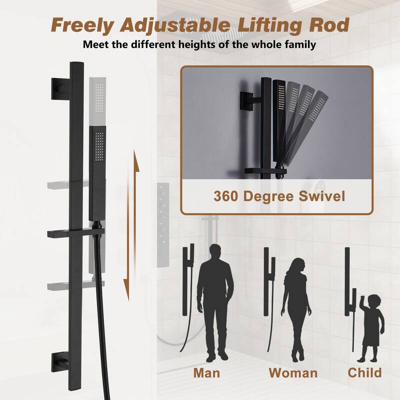 Luxury 5-Spray Patterns 28 in. Ceiling Mount Shower System with Handheld Shower Head, 3 Body Jets, LED, and Music - 16" x 28"